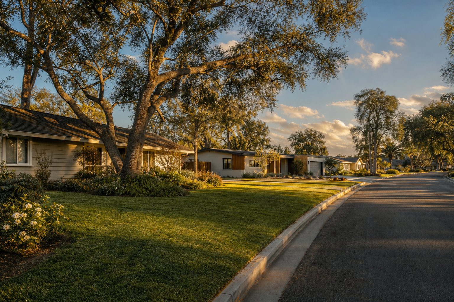 Mature pepper tree-lined residential street in Mesa Del Mar with single-story ranch homes ranging from original to renovated styles, golden hour